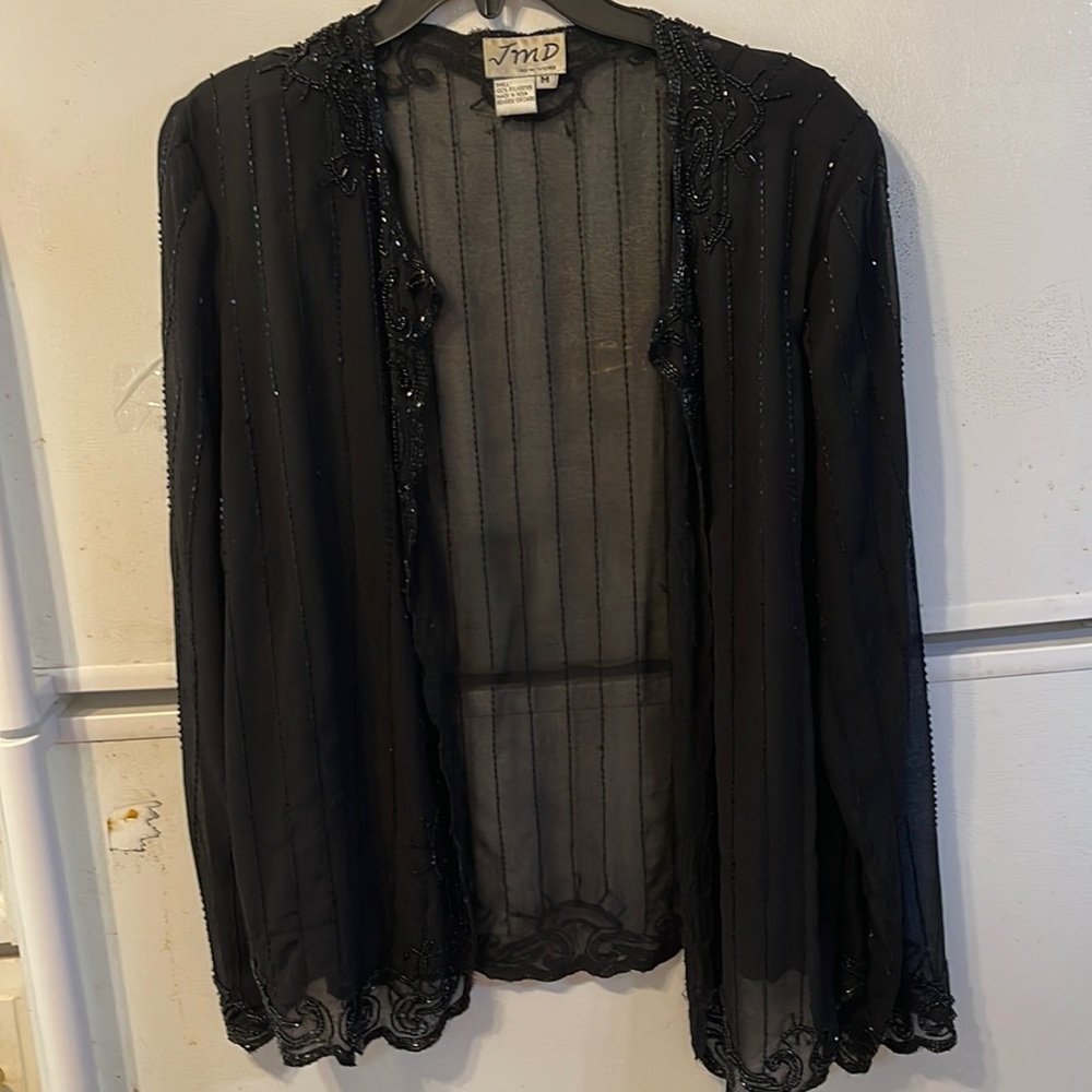 JMD Black Poly Beaded Cardigan LS Size M Sheer Look Vintage (clo1)